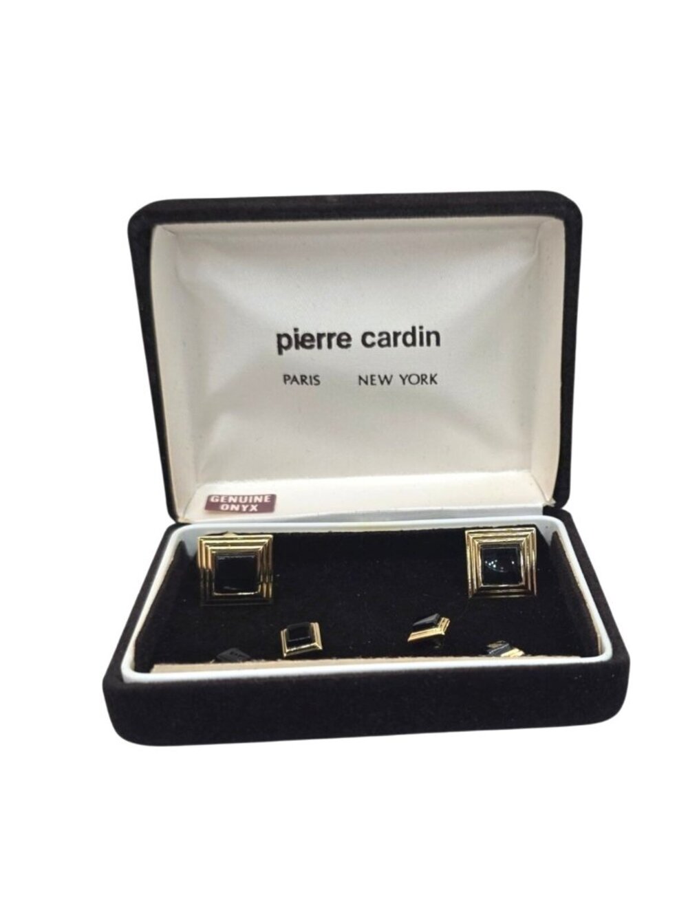 Pierre Cardin Gold & Black Onyx Tuxedo Set Cufflink And Stud Set In Velvet Box